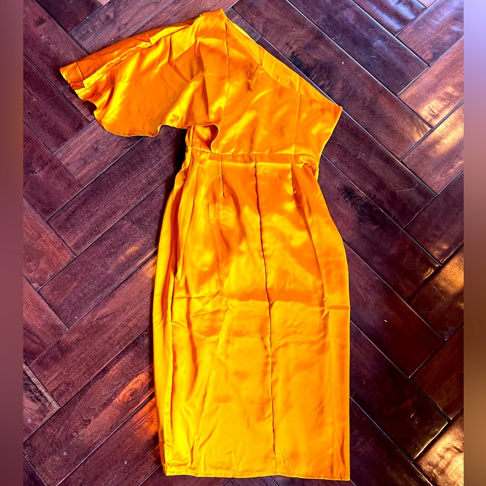 Asymmetrical satin cocktail midi dress, gold